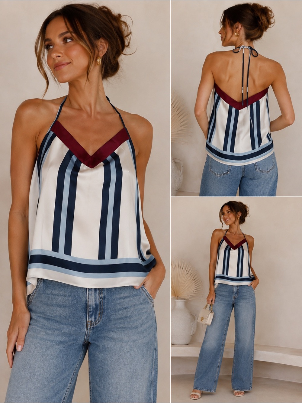 LOFT Navy, White & Burgundy Striped Satin Halter Cami Top